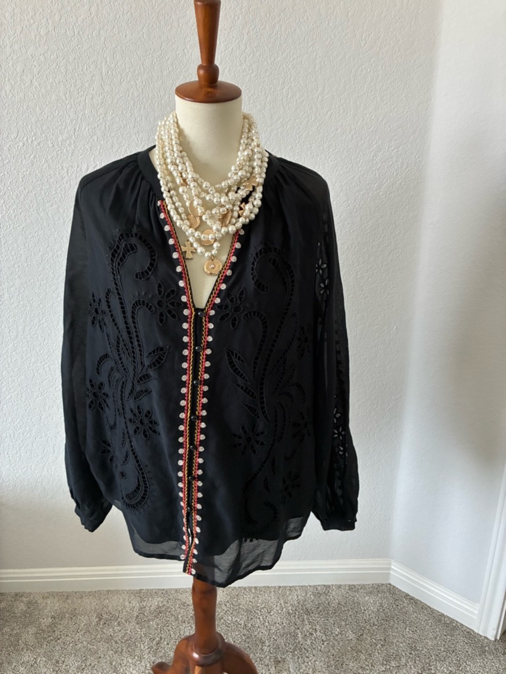 Johnny Was Black Embroidered V-Neck Blouse with Red Trim